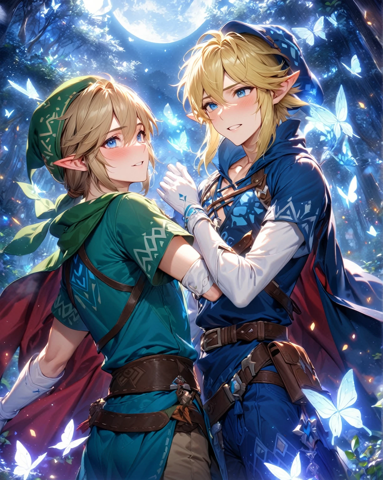 absurdres, highres, ultra detailed, HDR, master piece, Link, blonde hair, green hat, expressive blue eyes, blue clothes, Link, blonde hair, expressive blue eyes, blue clothes, two man together, gay couple, yaoi, in love, best quality, The Legend Of Zelda (Breath Of Wild), fantasy, magical, sensual, glittering, accessories, handsome, adult face, blue moon, starry sky, night, blue butterflies, forest, shining, white gloves