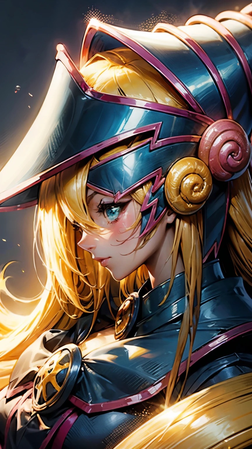 Retrato dark magician girls、、expresión bright、Horse tail、young, Glossy, bright, White skin、cheek highlighting、The best beauty、Clear, silky blonde hair with dazzling highlights、Cabello bright y bright,、Super Long Silky Straight Hair、Flequillo hermoso y bright、Grandes ojos azules brights como joyas brights.、very beautiful pretty pretty  girl、wide bust