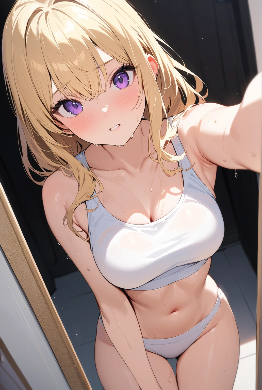 woman with matching tank top and panties, fille sexy aux yeux bleus, Portrait de Sophie Mudd, Portrait de Corinna Kopf, cheveux blonds et grands yeux noisettes, Selfie d'une jeune femme, ohne Maqillage, maquillage naturel, Regardez directement dans la caméra, Visage avec Artgram, maquillage subtil, Superbe photo du corps entier, dans la chambre, gros seins, blond, Latin