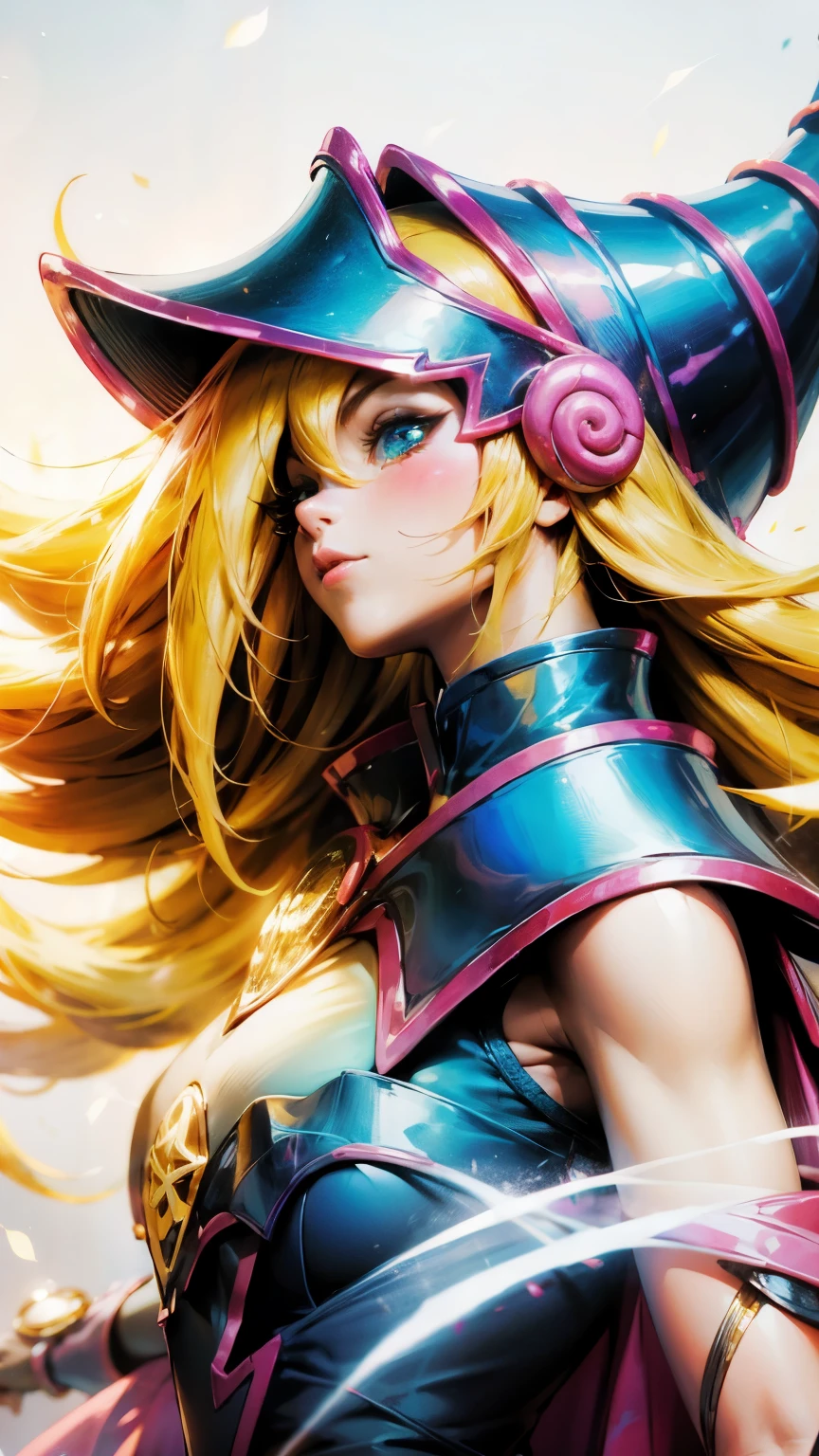 Retrato dark magician girls、、expresión bright、Horse tail、young, Glossy, bright, White skin、cheek highlighting、The best beauty、Clear, silky blonde hair with dazzling highlights、Cabello bright y bright,、Super Long Silky Straight Hair、Flequillo hermoso y bright、Grandes ojos azules brights como joyas brights.、very beautiful pretty pretty  girl、wide bust