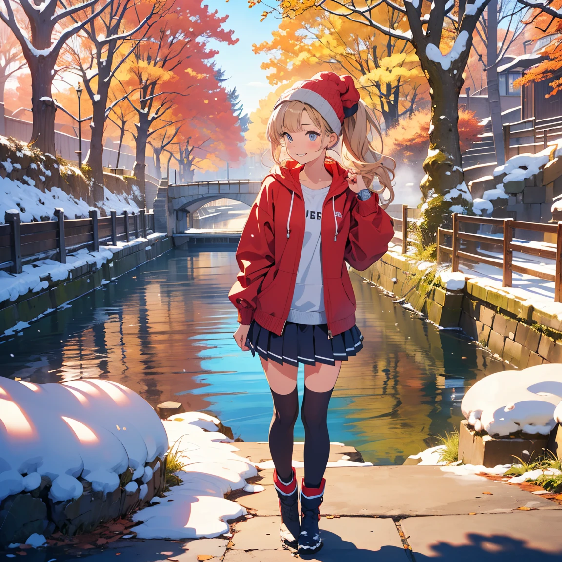 ( masterpiece), best quality, expressive eyes, perfect face, highres, moody angle, medium breast, full body, solo, Buoyant Smile, 1girl, zetadef, twintails, Fleece-lined hoodie, Leggings, Snow boots, Knit beanie, Cozy and warm, Snowy winter landscape, Checked mini skirt, background, ( Riverside Street, tranquil river, lush trees, dappled sunlight, historic buildings, charming cafes, outdoor seating, picturesque bridge) outdoor, snow, standing, 