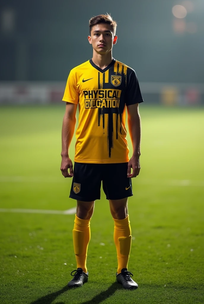 Create a football set whose shirt is white with a black diagonal stripe and along the shirt there are black and gold details. The shorts remain the same as the shirt,minus the diagonal stripe