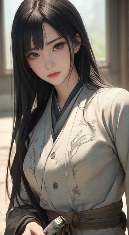 A beautiful young woman in a training field, 1 Hinata Hyuga from Naruto Shippuden, holding a kunai, extremely detailed face, beautiful detailed eyes, beautiful detailed lips, long eyelashes, intricate folds and textures of clothing, realistic skin textures, highly detailed, photorealistic, studio lighting, dramatic lighting, vivid colors, cinematic composition, (best quality,4k,8k,highres,masterpiece:1.2),ultra-detailed,(realistic,photorealistic,photo-realistic:1.37)