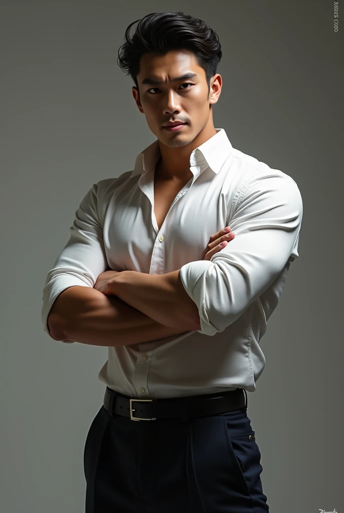 Asian man(korean,vietnamese,chinese,Japanese), 20 years old, Handsome and elegant,beardless, Wearing a transparent shirt, sexy , Masculine and handsome,musculous,Muscles look good,hairy bodies, with fair skin,, Full body photo,(ultra-detailed, photorealistic, best quality, 4k, 8k, highres, masterpiece:1.3), charming , (muscular build body), wearing tailored shiny dress shirt, with the top button casually undone, perfectly fitted charcoal trousers, sweat, unbutton buttons shirt, lewd face ,tight chest, sex, erotic, horny, Accessories include a luxury wristwatch , in crowded places,looking at viewer,muscle veins, sexy posing,lying on the ground,top view,Wet shirt reveals muscles,No underwear,lewd smile