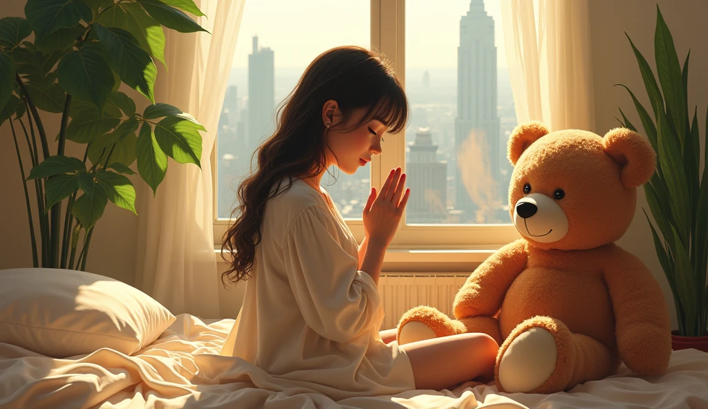 Child praying in the room with a teddy bear
