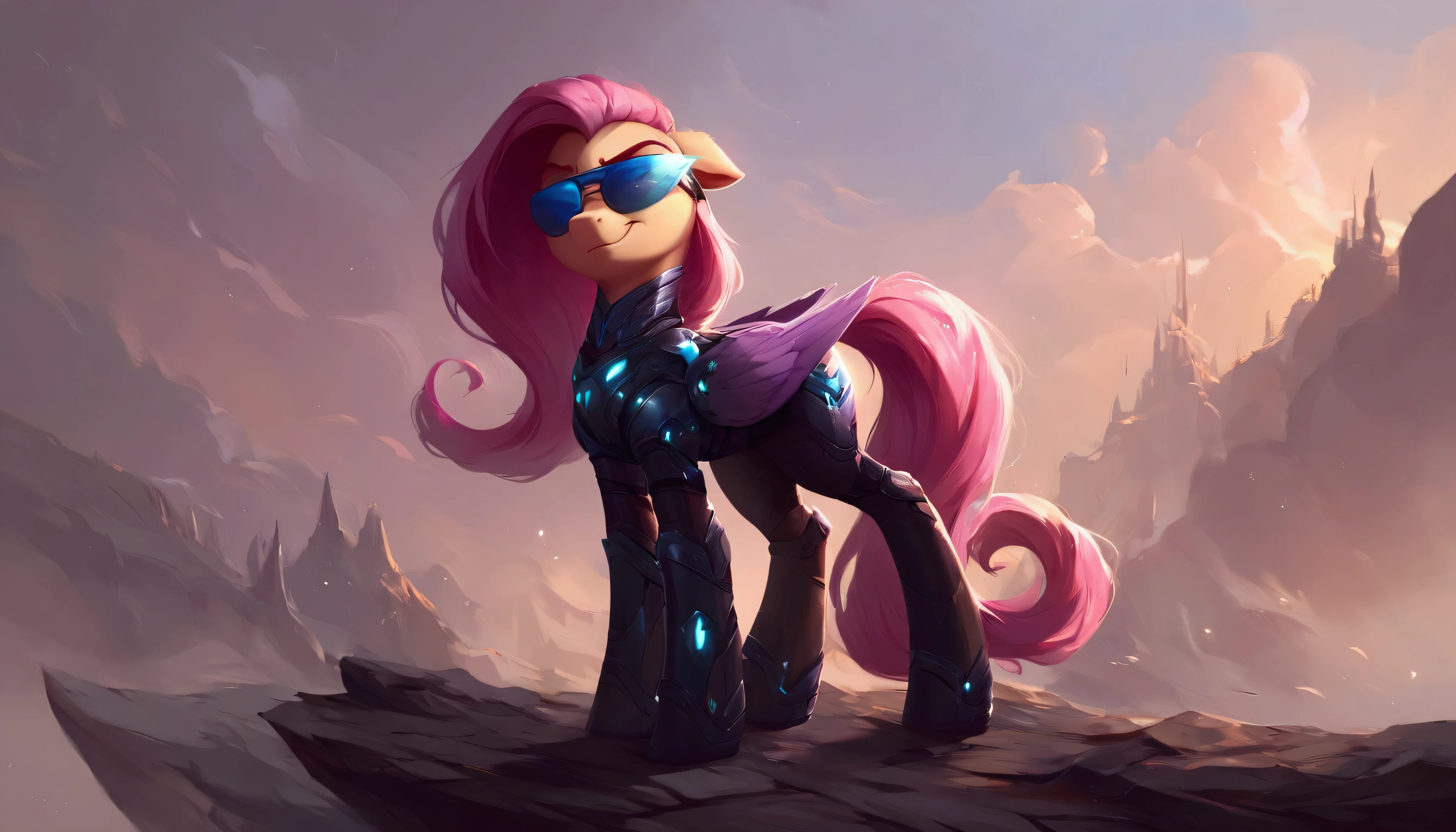 Score_9, Score_8_up, Score_7_up, Score_6_up, a serious pegasus Fluttershy, with the star shine from My Little Pony, appears in dark futuristic armor and futuristic sunglasses with polarized lenses that glow in the sunlight. Her mane flows in a wavy pattern of crystalline colors, with violet and light blue tones mixing with each other. She is looking at something out of frame with a disgusted smile. The setting is an urban environment with multi-story apocalyptic buildings. In his extended magical aura is a sword. full body