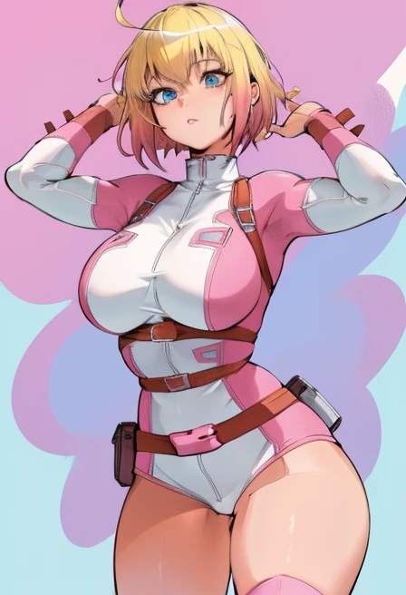 gwenpool, 1girl, blonde hair, multicolored hair, solo, blue eyes, short hair, gradient hair, belt, two-tone hair, pink hair, giant breasts. Thick thighs