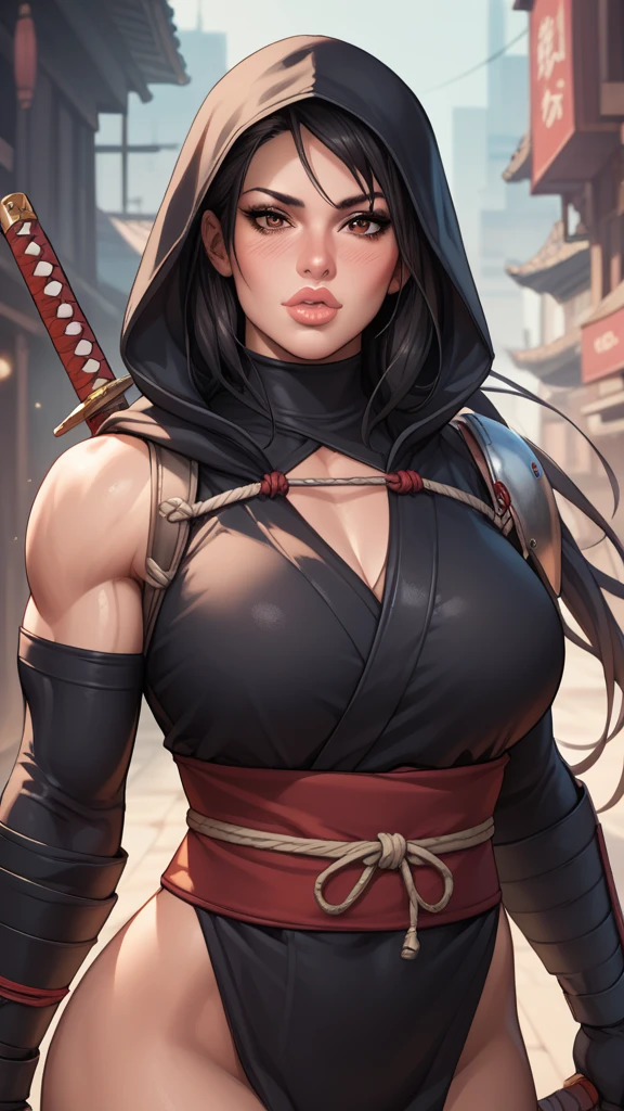 mature woman, female ninja, fit, thin, brown eyes, beautiful face, gorgeous, long straight black hair, (muscles:1.2), (full lips:1.3), no makeup, wearing all black clothes, pale skin, blushing, dark city, black mask, black hood up, holding samurai sword