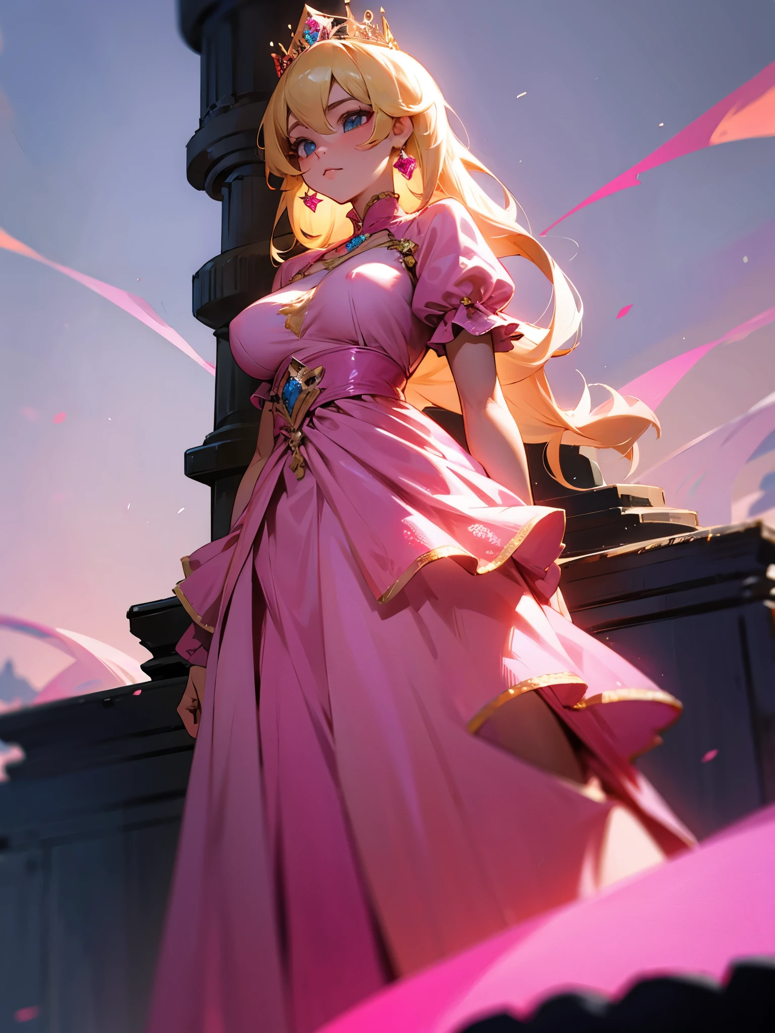 Princesa Peach, Standing, pink dress, medium breasts, imposing face, good lighting
