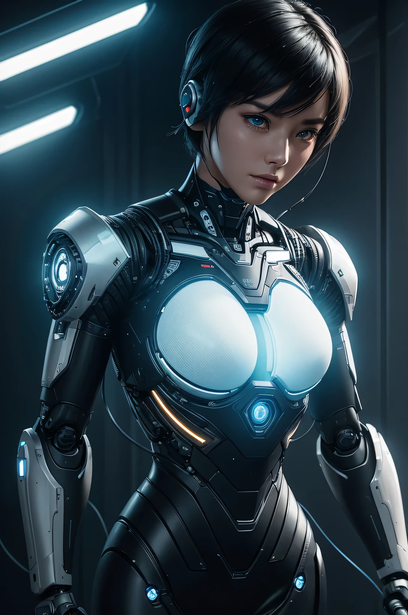 Intelligent Bionic Robot、Short-haired man with black hair、Cyborg Robot Parts、cable electric wires、microchips、Delicate body,bright studio、hyperphotorealism、high-detail、intricate detailes、softlighting、Rim Lights、rendering by octane、Unreal Engine 5 Renders、Mechanical Public Enemy Style、8K、top-quality、masterpiece、Low ISO、White Balance、high key lighting、Creates a soft and graceful feel with a shallow depth of field,超A high resolution,cyberpunked.Connected to a large number of cables,In the process of being made,