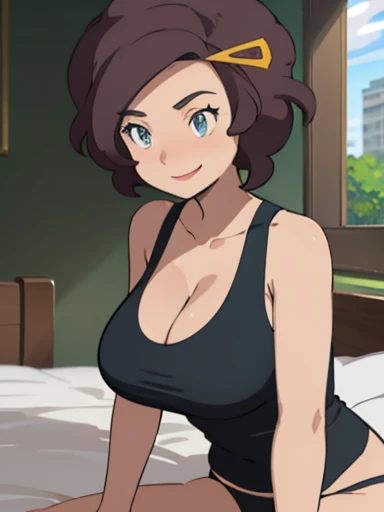 grace_(pokemon), mature woman, (1girl, solo:1.2), large breasts, sittiing on bed, open window background, tight red low-cut sleeveless tank top, cleavage, green panties, smile, eye wrinkle