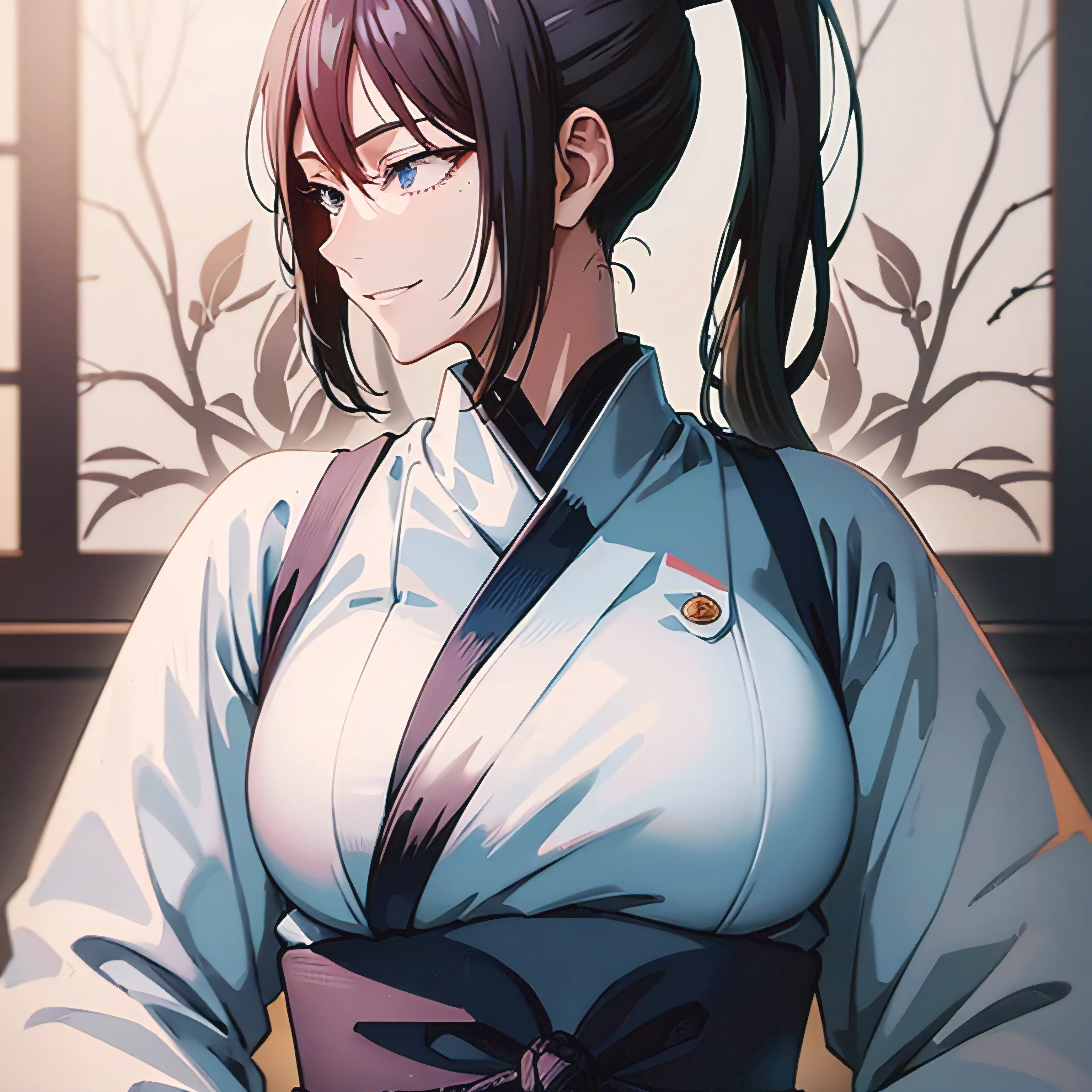 A smiling girl, Unohana, jujutsu uniform, blue eyes, (((black hair))), ponytail, Jujutsu Kaisen anime style, jujutsu school background, detailed face, highly detailed, intricate details, cinematic lighting, vibrant colors, photorealistic, digital painting, masterpiece