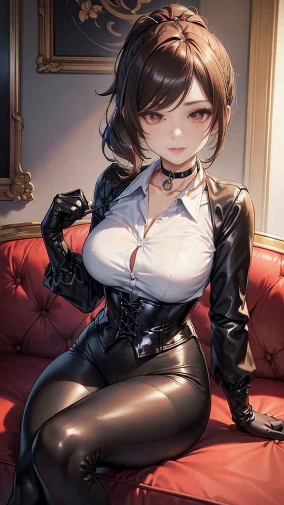 ((masterpiece)),(( The best quality)), (detailed), expressive eyes, (perfect face), 1 girl, (sitting on a sofa), (Chiori, genshin impact), (brown hair short ponytail), (red eyes, tender eyes, detailed eyes), (sensual lips), (showing a slight smile), (slim build), View from the front, choker:1.6, (White collar button-down shirt with white long sleeves), Black gloves, gloves that cover the hands, (black leather corset), (Black shiny leggings), (black boots), (mansion), night