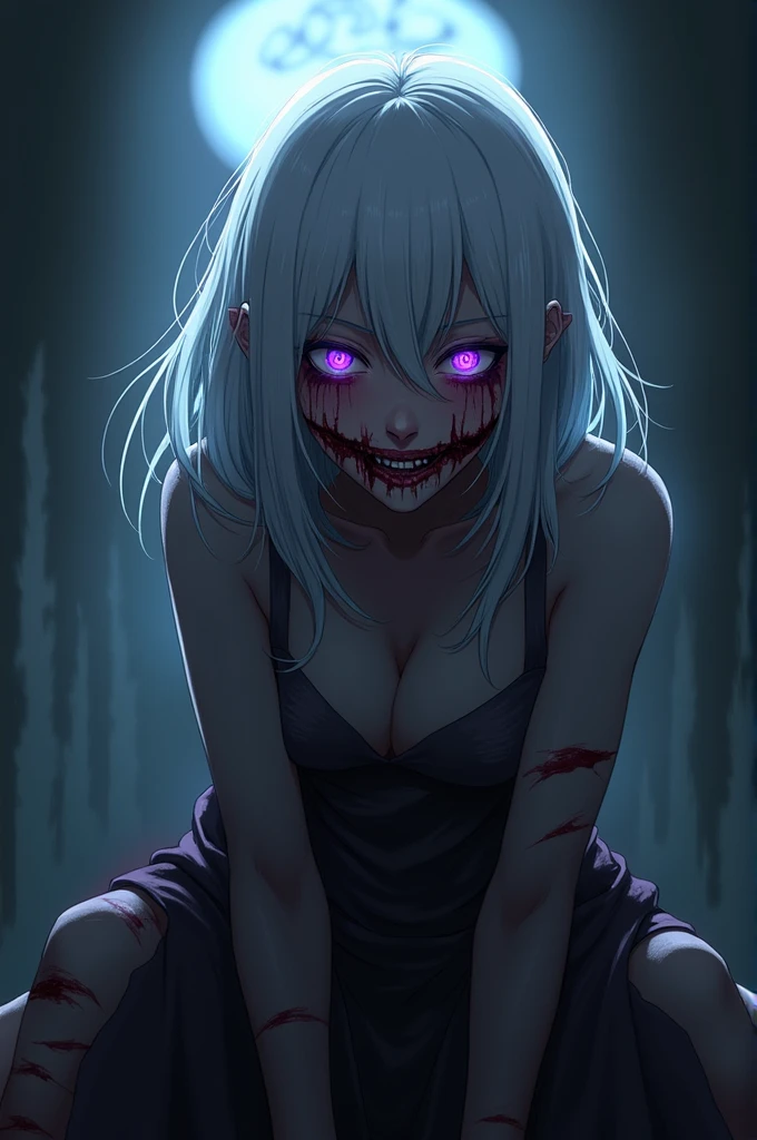masterpiece, Highest quality,A strangely beautiful girl in her 20s, Full pose,ミニskirtと脚を組んだ, Silver Hair, Yandere, Knee socks, Long Hair, skirt, pleated skirt, crazy smile, Grin, chest, smile, View your viewers, pantyhose, Long Hair, crazy eyes, crazy, He puts his hand to his chin with a malicious smile., ババンとsalivaを飛ばす, Devilish laughter, Deep and creepy eyes, dark ambient, Illuminate, Hollow Eyes, 邪悪なsmile, saliva, Covering the face with hands, Anime Style, Anime Style, Backlight, Blurred, Ultra Wide Angle, From below, 1080P, masterpiece
