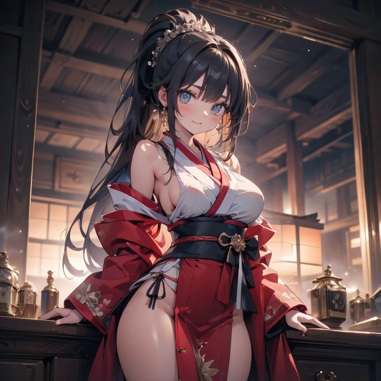 (huge breastasterpiece)), ((best quality)), cute girl, long hair, kimono, bare shoulder