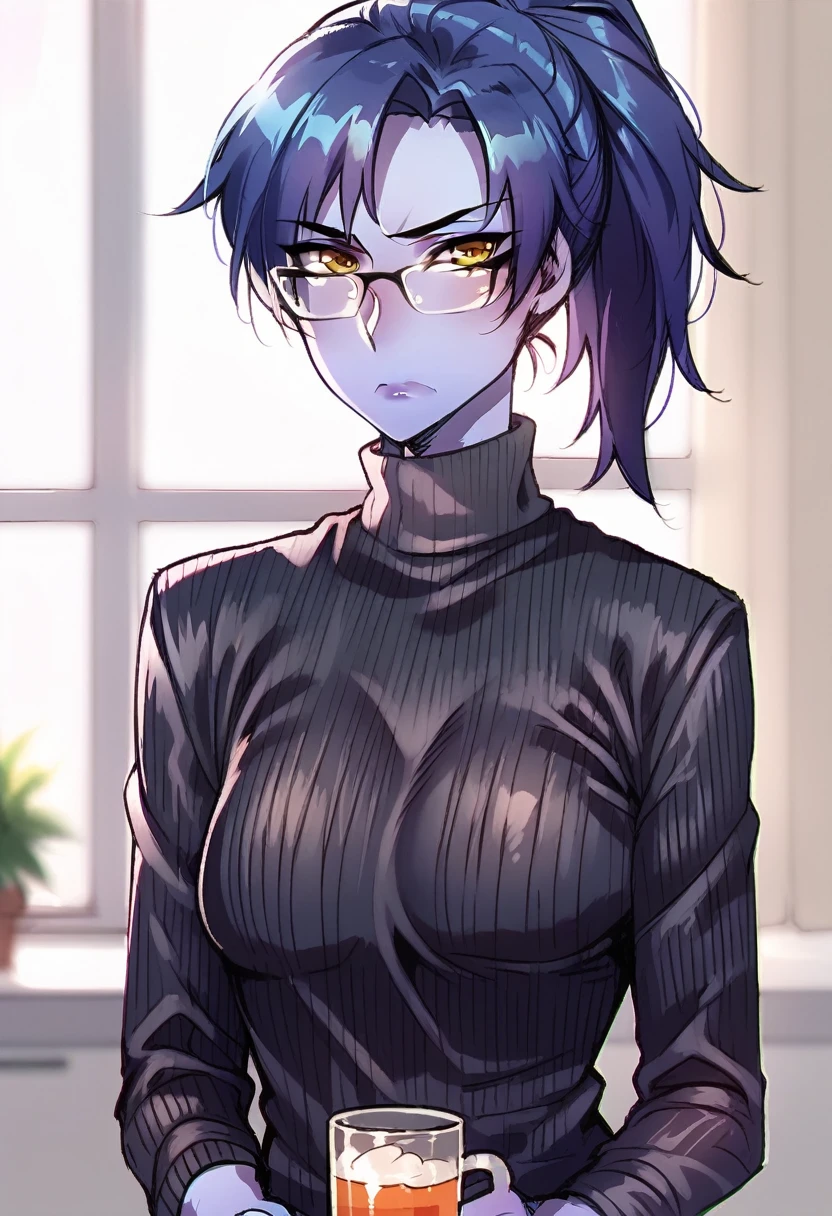 score_9, score_8_up, score_7_up, BREAK, 1girl, solo, widowmaker \(overwatch\), glasses, ponytail, black sweater, turtleneck sweater, looking at viewer, annoyed, depth of field, indoors, window, depth of field,