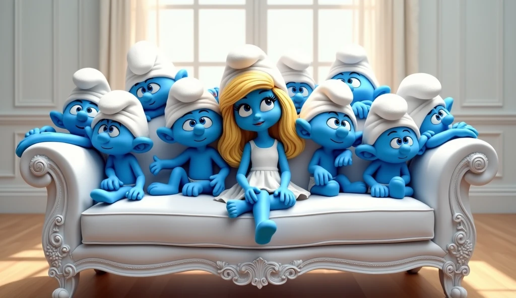 smurfette, kneeling, doggystyle sex, white dress, hat, on all fours, blonde, blue skin, white shoes, shota-boy, human