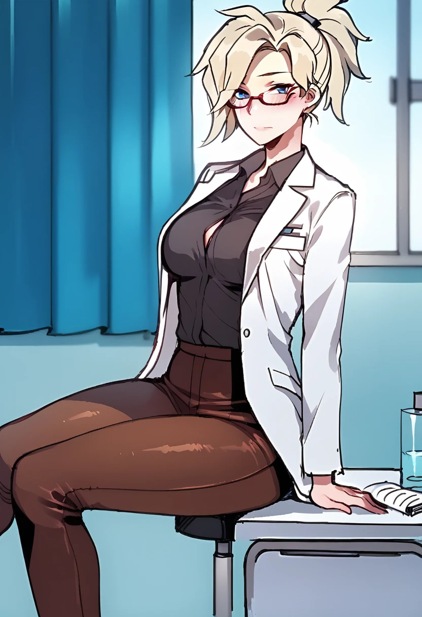 score_9, score_8_up, score_7_up, BREAK, 1girl, solo, mercy \(overwatch\), glasses, lab coat, hospital, indoors, sitting, stool, looking at viewer, shirt, depth of field, brown pants, black shirt, window,