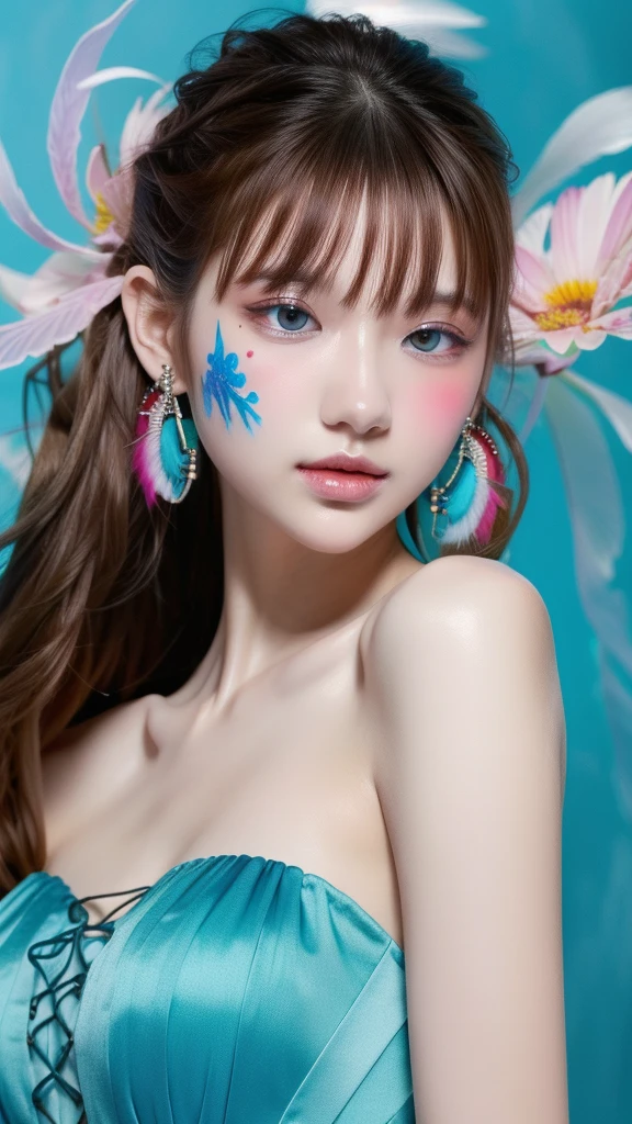 ((Fractal Art)),((masterpiece,,Extremely detailed,Ultra-high resolution,Detailed background)),(((Blue Background))),(1 Girl),((Colorful)),Flowers,(Glowing skin),((Multiple colors)),(earrings),feather