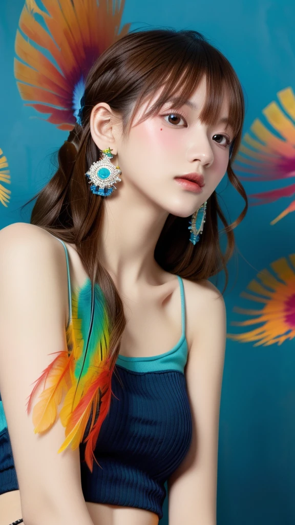 ((Fractal Art)),((masterpiece,,Extremely detailed,Ultra-high resolution,Detailed background)),(((Blue Background))),(1 Girl),((Colorful)),Flowers,(Glowing skin),((Multiple colors)),(earrings),feather