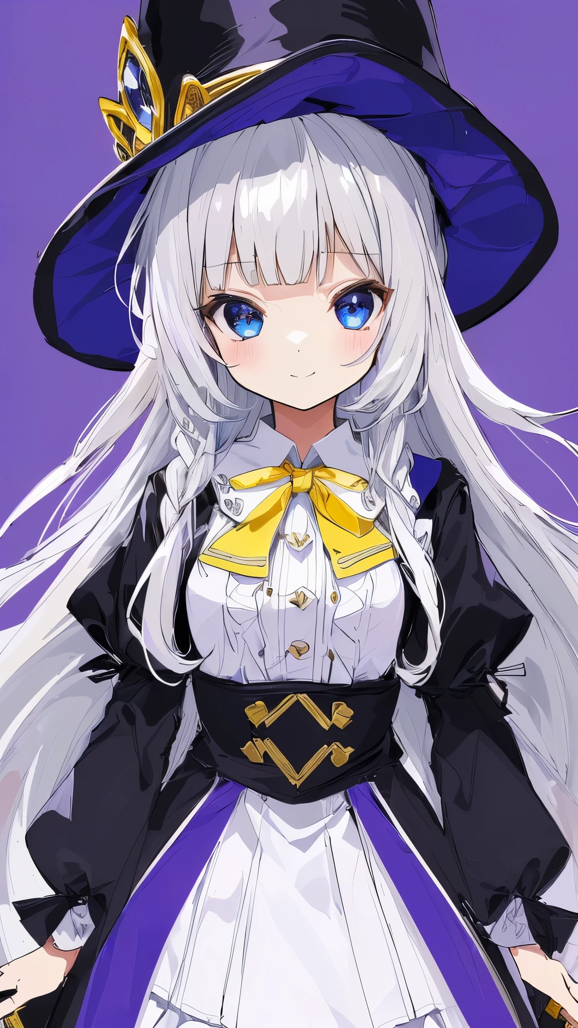 elaina_(majo_no_tabitabi), masterful, masterpiece, 4k,, 1girl, feminine, beautiful, a-cup, grey hair, big magical hat + black on the top and purple on the inside, blue eyes, white shirt, yellow ribbon, black robe,, kawaii, looking at viewer, slight smile, magical girl, background medieval Europe,