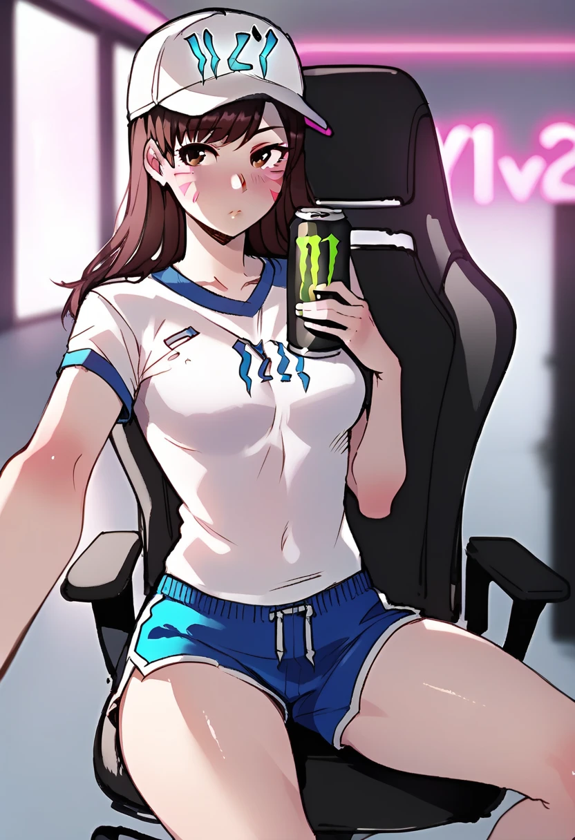 score_9, score_8_up, score_7_up, BREAK, 1girl, solo, d.va \(overwatch\), gaming chair, dolphin shorts, white headwear, hat, indoors, neon lights, glowing, shirt, POVselfie, monster energy, sitting, depth of field,