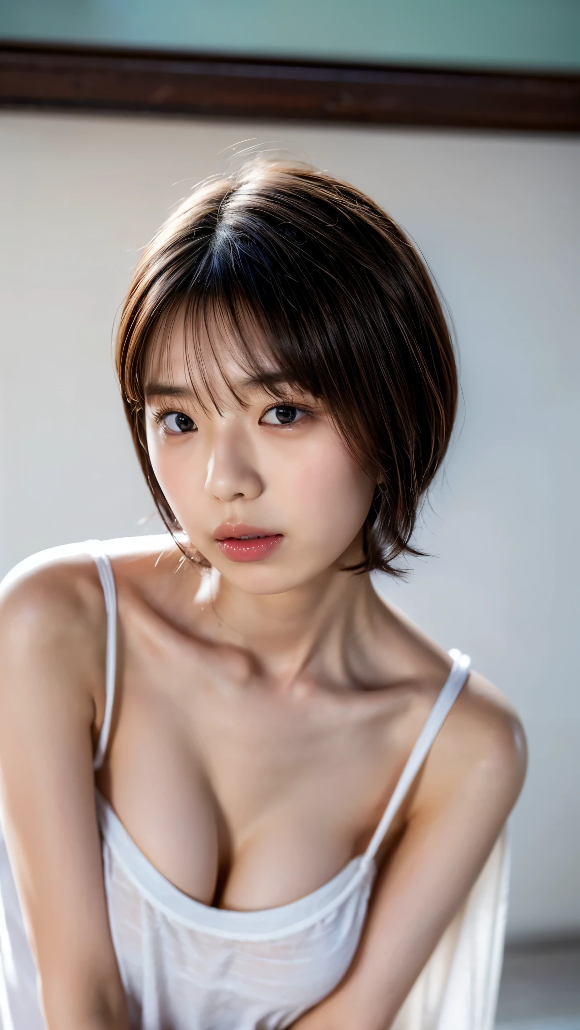 ((Petite women, Sensual woman, No makeup, 柔らかい笑face)), (((Small eyes, length, Narrow eyes, Black Hair, Short Bob Hair))), (Full body portrait, Short Hair, Large Breasts, Wearing a white T-shirt, Protruding nipples, Thick pubic hair), White skin, Glossy pale lips, skinny, Body Type, Delicate and sexy collarbone, Best Quality, RAW Photos, Realistic, face, so beautiful, cute, Depth of the written border, High resolution, 超detailed, detailed, Very detailed, extremely detailed eye and face, Sharp pupils, Sharp focus, Cinema Lighting