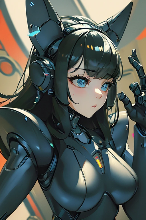 (masterpiece),(Highest quality),(Super detailed),(Best illustrations),(Best Shadow),(Absurd),(Detailed Background),(so beautiful), 16K, 8K, 4K,(Best Shadow),empty eyes,robotization,woman ,big bust,Robot Joint ,Metal skin,Black Suit,long hair,a black suit that covers the whole body,robot hand,cyber bodysuit,mecha head,cyborg eye,robotization, transforming into robot,(Detailed hands and fingers:1.2),plugging back head,robotic face,a robotic face line on the face