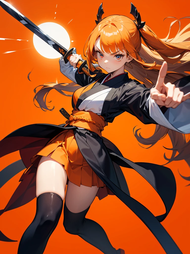 1girl,Dynamic composition、[17277fbe68],((Perspective Lens, Woman with long hair, Dynamic poses with serious and mean expressions, Two hands brandishing a large, long Japanese sword )) ((Pure Orange Background:1.2)),Anime Style、Detailed eyes、Looks like she&#39;s in her early 20s,Shooting in mid-motion,With her long braided hair fluttering. Her outfit is reminiscent of a butterfly,Black and yellow color palette,Be playful.,Neon color line fractal art、