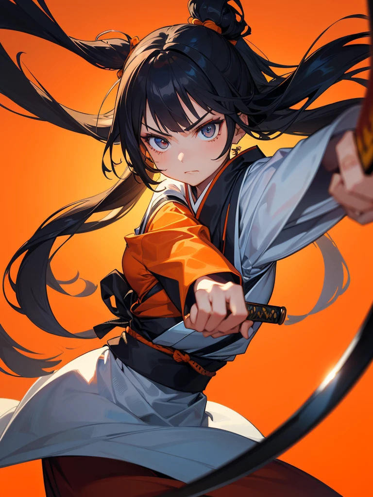 1girl,Dynamic composition、[17277fbe68],((Perspective Lens, Woman with long hair, Dynamic poses with serious and mean expressions, Two hands brandishing a large, long Japanese sword )) ((Pure Orange Background:1.2)),Anime Style、Detailed eyes、Looks like she&#39;s in her early 20s,Shooting in mid-motion,With her long braided hair fluttering. Her outfit is reminiscent of a butterfly,Black and yellow color palette,Be playful.,Neon color line fractal art、