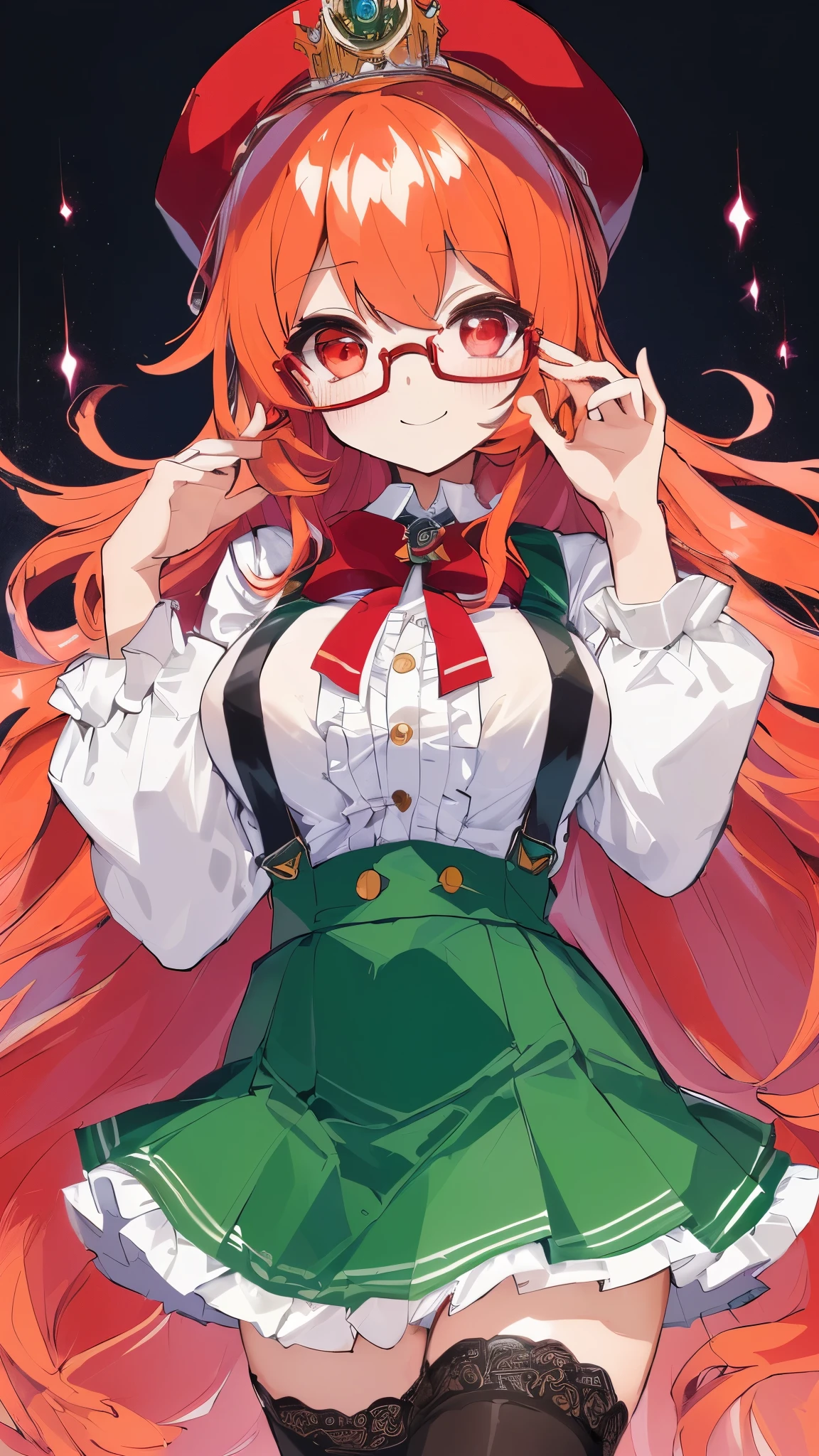 ((masterpiece, best quality)), aston machan (umamusume),, smile, large breasts, upper body, , long sleeves, white shirt, frills, green skirt, button, black thighhighs, suspender, , espectacled, red-framed eyewear, red hat crown, , crazy eyes, glowing eye, ,  
