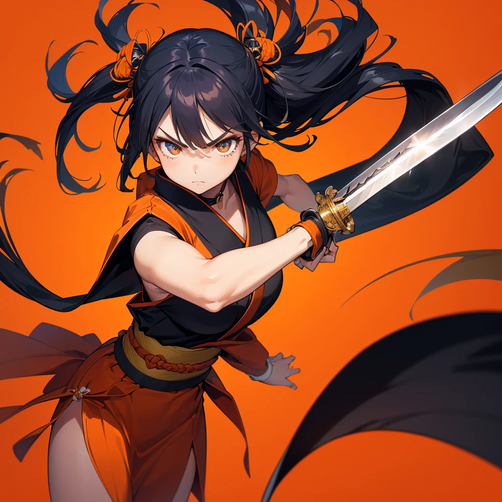 1girl,Dynamic composition、[17277fbe68],((Perspective Lens, Woman with long hair, Dynamic poses with serious and mean expressions, Two hands brandishing a large, long Japanese sword )) ((Pure Orange Background:1.2)),Anime Style、Detailed eyes、Looks like she&#39;s in her early 20s,Shooting in mid-motion,With her long braided hair fluttering. Her outfit is reminiscent of a butterfly,Black and yellow color palette,Be playful.,Neon color line fractal art、