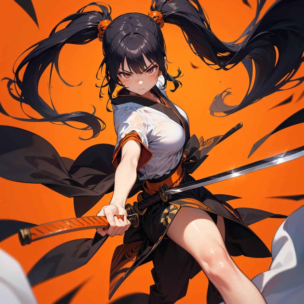 1girl,Dynamic composition、[17277fbe68],((Perspective Lens, Woman with long hair, Dynamic poses with serious and mean expressions, Two hands brandishing a large, long Japanese sword )) ((Pure Orange Background:1.2)),Anime Style、Detailed eyes、Looks like she&#39;s in her early 20s,Shooting in mid-motion,With her long braided hair fluttering. Her outfit is reminiscent of a butterfly,Black and yellow color palette,Be playful.,Neon color line fractal art、