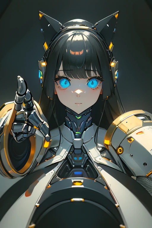 (masterpiece),(Highest quality),(Super detailed),(Best illustrations),(Best Shadow),(Absurd),(Detailed Background),(so beautiful), 16K, 8K, 4K,(Best Shadow),empty eyes,robotization,woman ,big bust,Robot Joint ,Metal skin,Black Suit,long hair,a black suit that covers the whole body,robot hand,cyber bodysuit,mecha head,cyborg eye,robotization, transforming into robot,(Detailed hands and fingers:1.2),plugging back head,robotic face,a robotic face line on the face