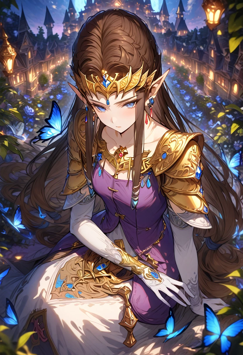 absurdres, highres, ultra detailed, HDR, master piece, best quality, extremely detailed, detailed face, Princess Zelda, dark brown hair, long hair, expressive blue eyes, The Legend Of Zelda Twilight Princess, solo, woman, beautiful, sitting, earrings, purple vest, white dress, sleeveless, long white gloves, golden accessories, garden, blue flowers, blue butterflies, fantasy, magical, blue moon, castle