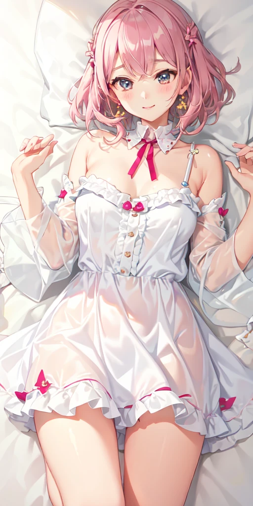 Cute (pink haired:1.6), green eyes:1.2, Young:1.3 Anime Girl, (opaque lingerie sexy:1.4), (pale smooth skin:1.7) resting sleeping on bed. Bare feet, bare legs.