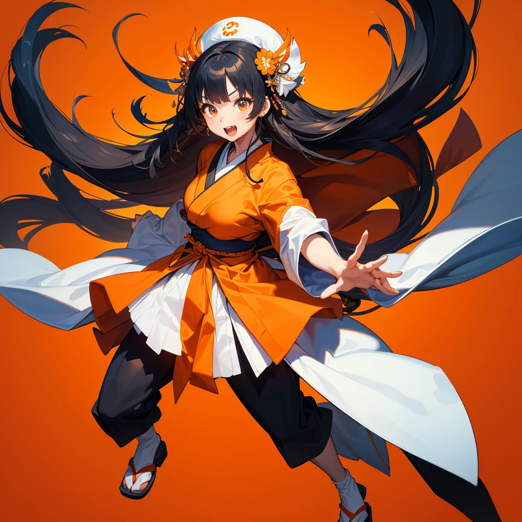 One girl、Dynamic Composition、[17277fbe68]、((Perspective Lens、Woman with long hair、Dynamic pose with a fun look、Brandishing a large, long Japanese sword with both hands)) ((Pure Orange Background:1.2))、Anime Style、Fine grain、Looks like he&#39;s in his early 20s、Shooting with movement、Her long braided hair flutters。The costume is reminiscent of a butterfly、Black and yellow color palette、Playful。、Neon colored line fractal art、