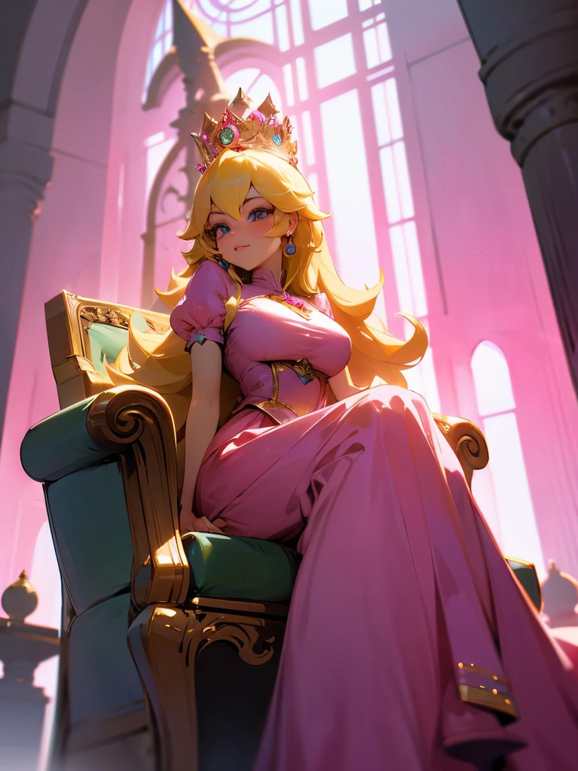 Princesa Peach, sitting on her throne, thoads around, pink dress, big breasts, imposing face, good lighting
