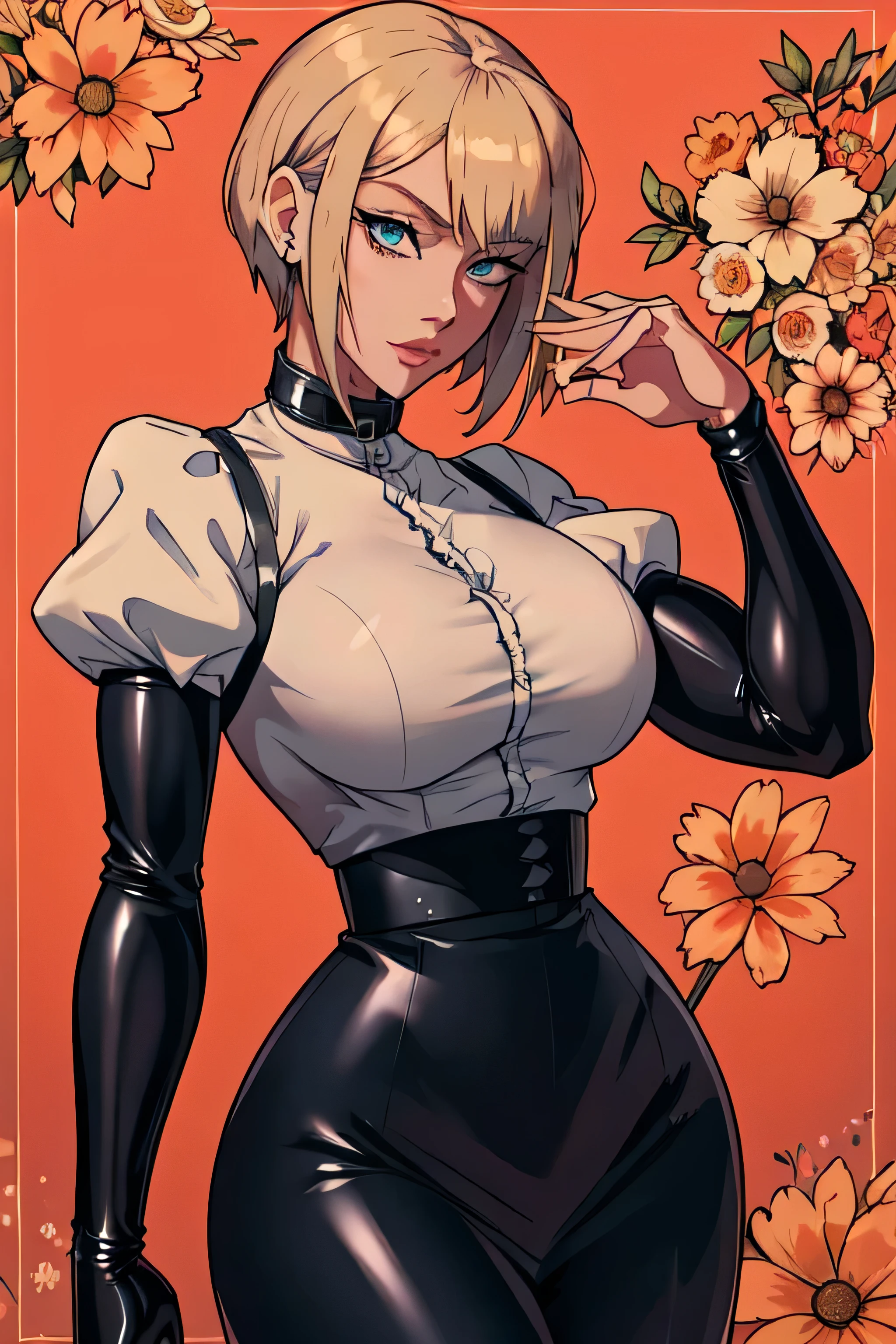  with short blonde hair, blue eyes, wearing A high-waisted latex skirt, black high-waisted latex skirt, wearing a floral shirt with puffed sleeves with a high collar 