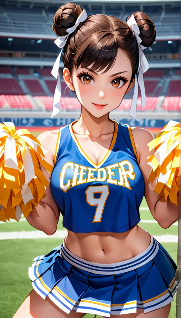 ((cheerleader, clothes writing, crop top, sleeveless shirt, midriff, miniskirt, pleated skirt, holding pom poms:1.2)),score_9, score_8_up, score_7_up, break, score_9, 1girl, Chun-Li,street fighter, black hair, brown eyes, short hair, breasts, looking at viewer, sexy pose, cowboy shot,eyelashes,(((Stadium:1.3)))、Bun Hair