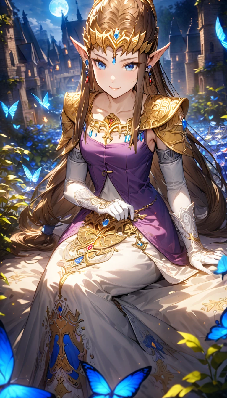 absurdres, highres, ultra detailed, HDR, master piece, best quality, extremely detailed, detailed face, Princess Zelda, dark brown hair, long hair, expressive blue eyes, The Legend Of Zelda Twilight Princess, solo, woman, beautiful, smile, sitting, earrings, purple vest, white dress, sleeveless, long white gloves, golden accessories, garden, blue flowers, blue butterflies, fantasy, magical, blue moon, castle