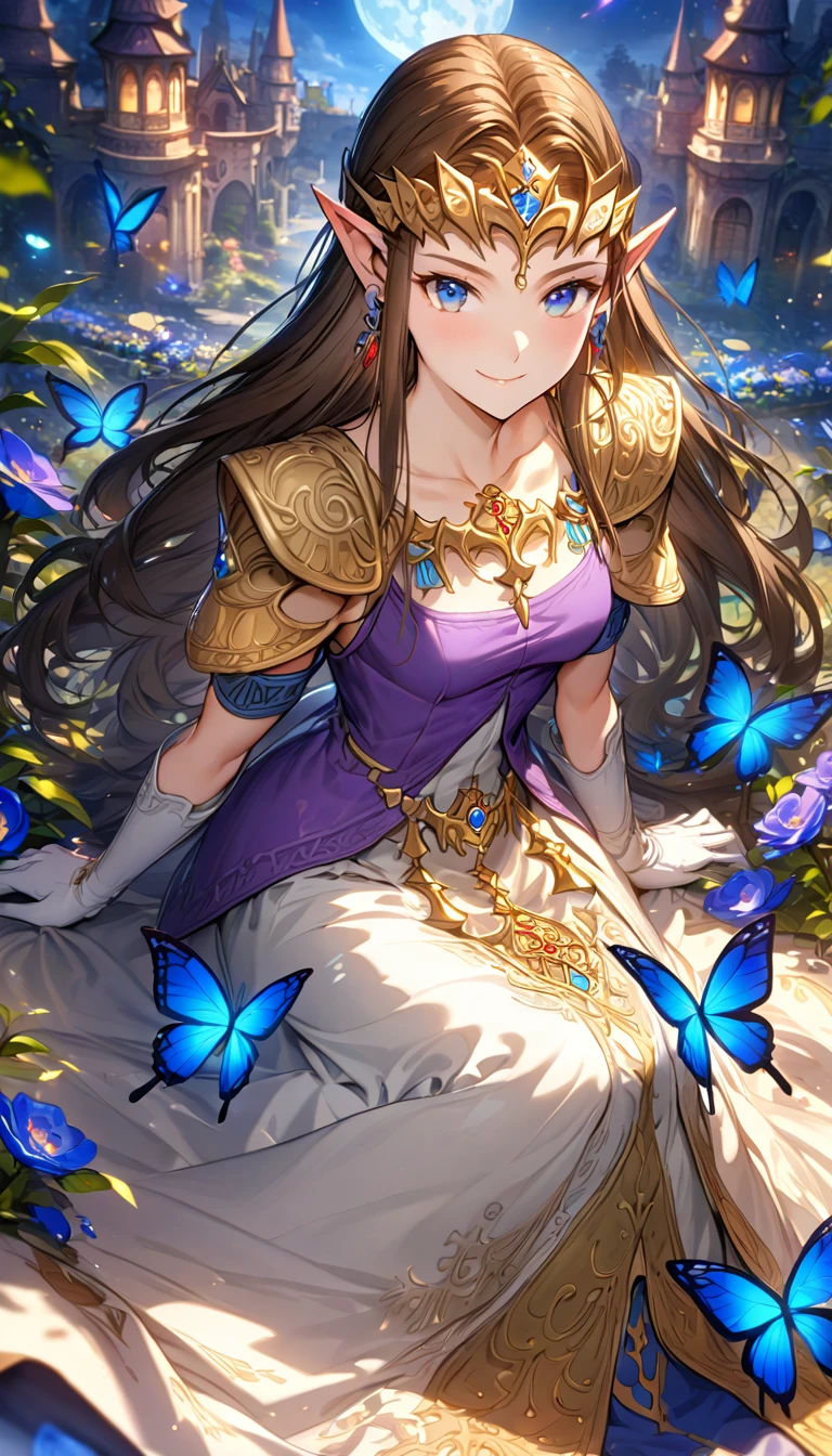 absurdres, highres, ultra detailed, HDR, master piece, best quality, extremely detailed, detailed face, Princess Zelda, dark brown hair, long hair, expressive blue eyes, The Legend Of Zelda Twilight Princess, solo, woman, beautiful, smile, sitting, earrings, purple vest, white dress, sleeveless, long white gloves, golden accessories, garden, blue flowers, blue butterflies, fantasy, magical, blue moon, castle