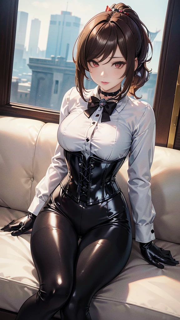 ((masterpiece)),(( The best quality)), (detailed), expressive eyes, (perfect face), 1 girl, (sitting on a sofa), (Chiori, genshin impact), (brown hair short ponytail), (red eyes, tender eyes, detailed eyes), (sensual lips), (showing a slight smile), (slim build), View from the front, choker:1.6, hair ornament, (White collar button-down shirt with white long sleeves), Black gloves, gloves that cover the hands, (black leather corset), (Black shiny leggings), (black boots), (mansion), night