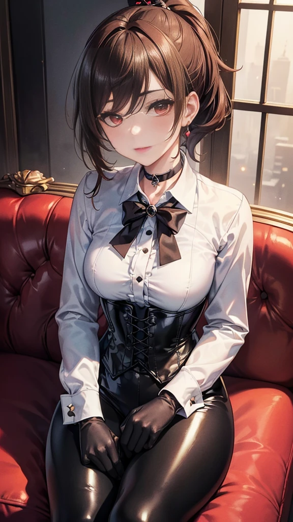 ((masterpiece)),(( The best quality)), (detailed), expressive eyes, (perfect face), 1 girl, (sitting on a sofa), (Chiori, genshin impact), (brown hair short ponytail), (red eyes, tender eyes, detailed eyes), (sensual lips), (showing a slight smile), (slim build), View from the front, choker:1.6, hair ornament, (White collar button-down shirt with white long sleeves), Black gloves, gloves that cover the hands, (black leather corset), (Black shiny leggings), (black boots), (mansion), night