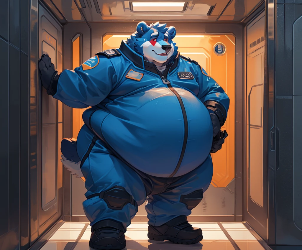 Solo, male, brown bear, by meesh, black hair, beard, (((body hair))), red spacesuit, uniform, (((by darkgem, by mystikfox61))), standing, big bulge, muscular, slightly chubby, space, spaceship, window, smirking, evil expression, rape face