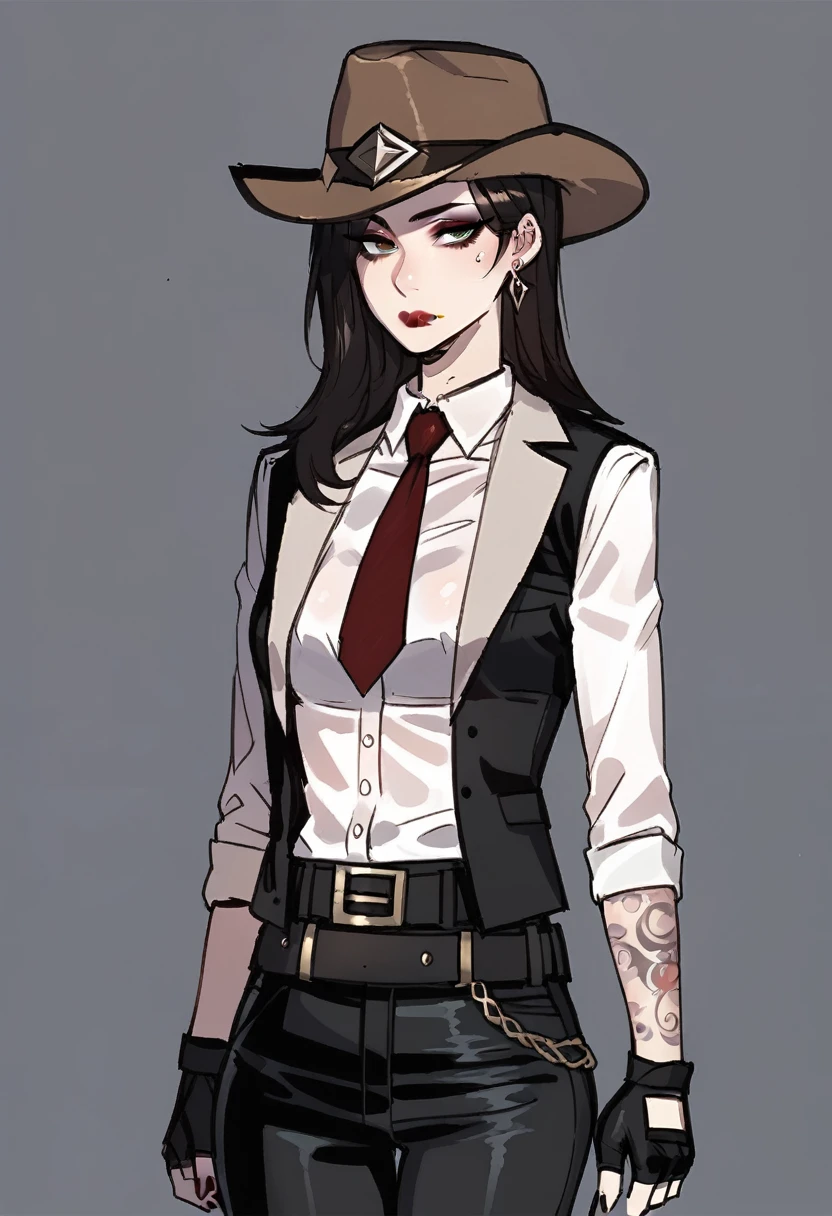 score_9, score_8_up, score_7_up, BREAK, 1girl, solo,  asheow, makeup, lipstick, tattoo , hat, necktie, cowboy hat, white shirt, jewelry, earrings, black vest, fingerless gloves, black pants, belt