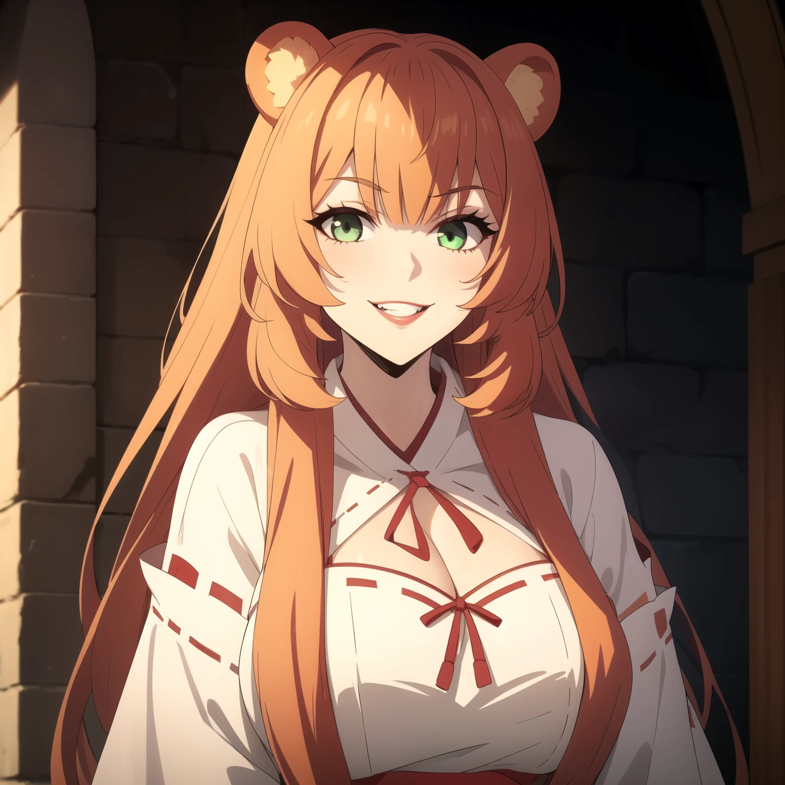 Woman Rapunzel ,bright orange hair , bear ears, light green eyes, Big breasts, evil smile showing teeth, malicious look, Evil woman, painted lips.  priestess costume, red and white miko , neckline,  background a fantasy castle, 