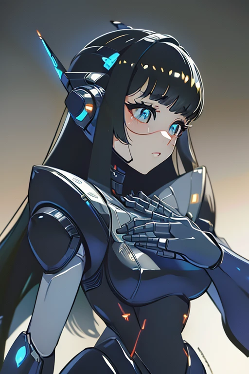 (masterpiece),(Highest quality),(Super detailed),(Best illustrations),(Best Shadow),(Absurd),(Detailed Background),(so beautiful), 16K, 8K, 4K,(Best Shadow),empty eyes,robotization,woman ,big bust,Robot Joint ,Metal skin,Black Suit,long hair,a black suit that covers the whole body,robot hand,cyber bodysuit,mecha head,cyborg eye,robotization, transforming into robot,(Detailed hands and fingers:1.2),plugging back head,robotic face,a robotic face line on the face