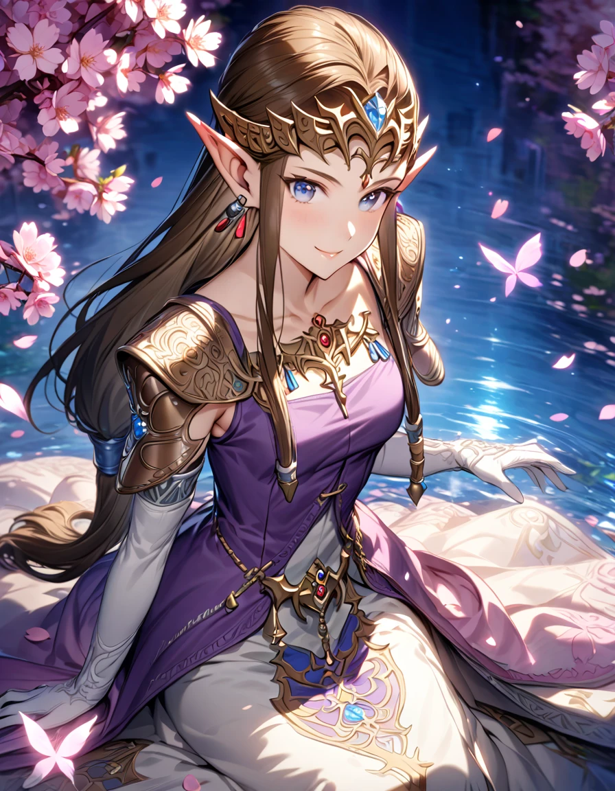 absurdres, highres, ultra detailed, HDR, master piece, best quality, extremely detailed, detailed face, Princess Zelda, dark brown hair, long hair, expressive blue eyes, The Legend Of Zelda Twilight Princess, solo, woman, beautiful, smiling, sitting, earrings, purple vest, white dress, sleeveless, long white gloves, accessories, fantasy, magical, cherry blossoms, pink flowers, pink petals, water, pink glittering butterflies 