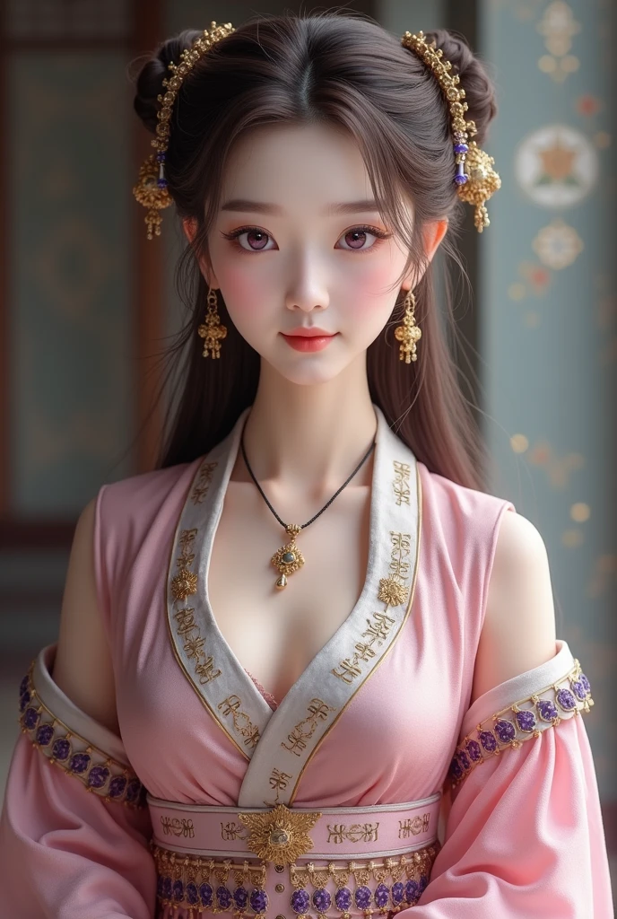 Masterpiece, Best quality, Waterfront, banquet, 1 woman, Mature woman, elegant, Chinese style, Ancient China, sister, Royal Sister, cheerfulness, Meatball heads, Light brown hair, Pink eyes, Gorgeous headdress, Light pink lips, Pink clothes, Yarn-like clothing, Intellectual, Full bangs, Flat bangs, Flower bulbs, Face delicate,updo
